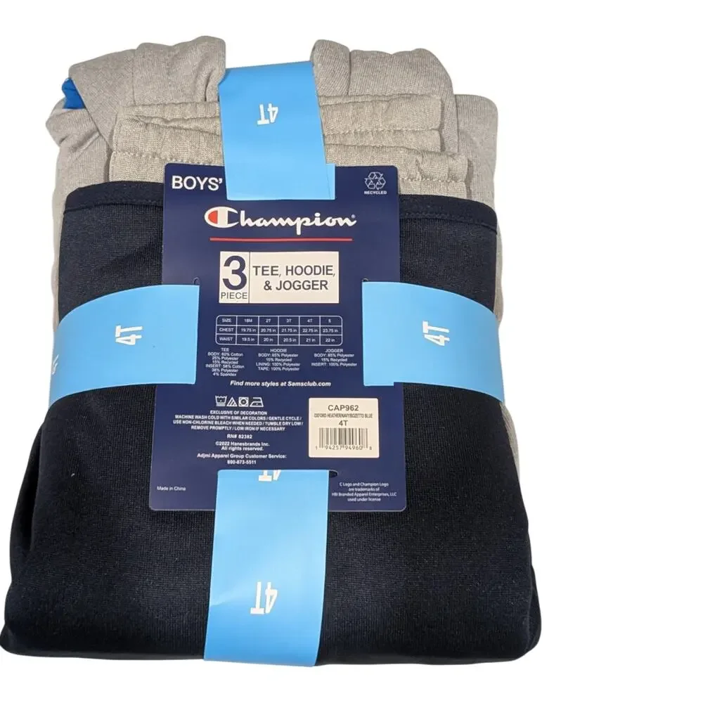 Champion Sweatsuit Boys 4T Gray Navy Blue 3 Piece Joggers‎ Zip Up Hoodie Tshirt
